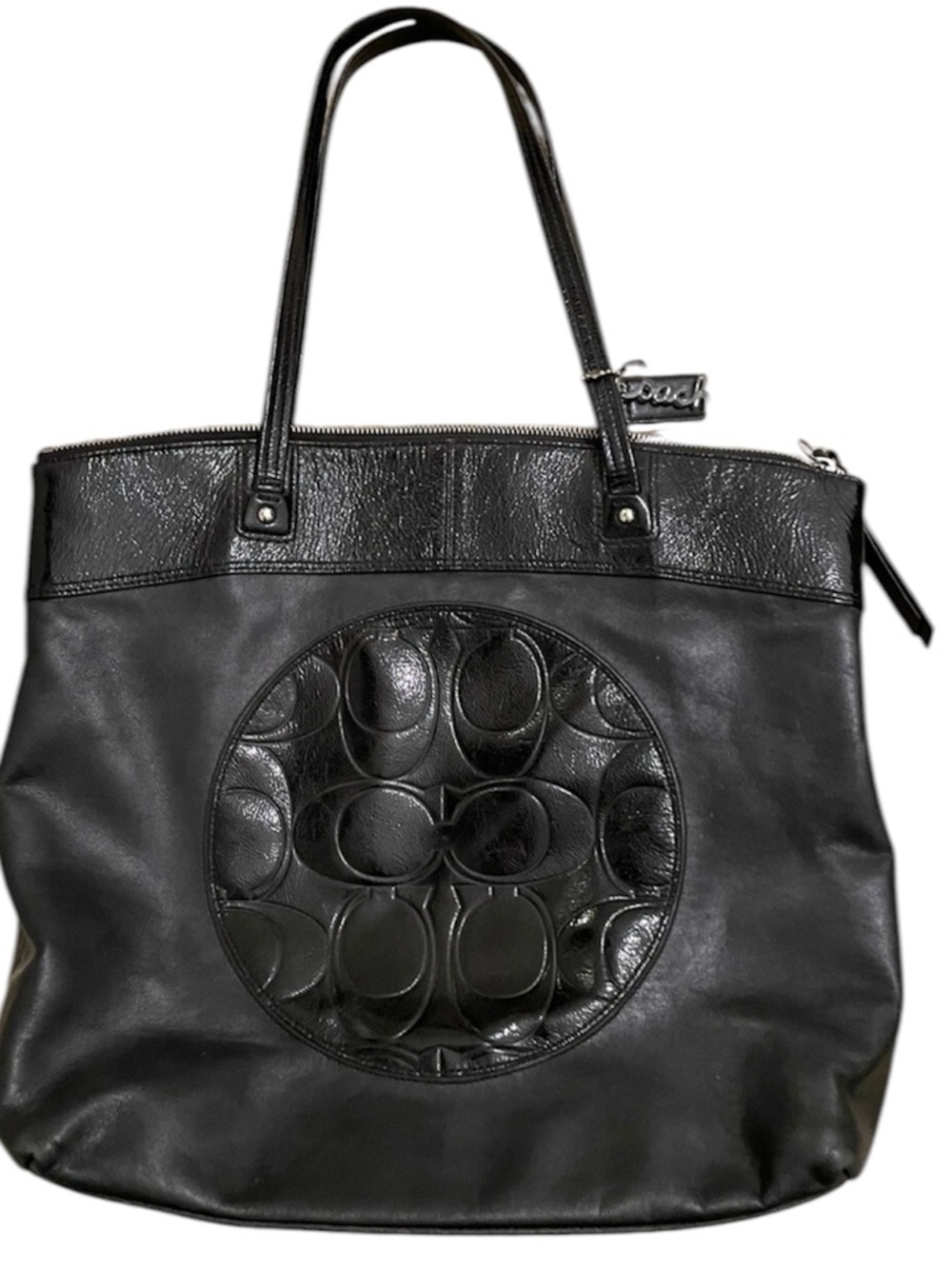 Coach Black Leather Shoulder Bag with Signature Circle Logo